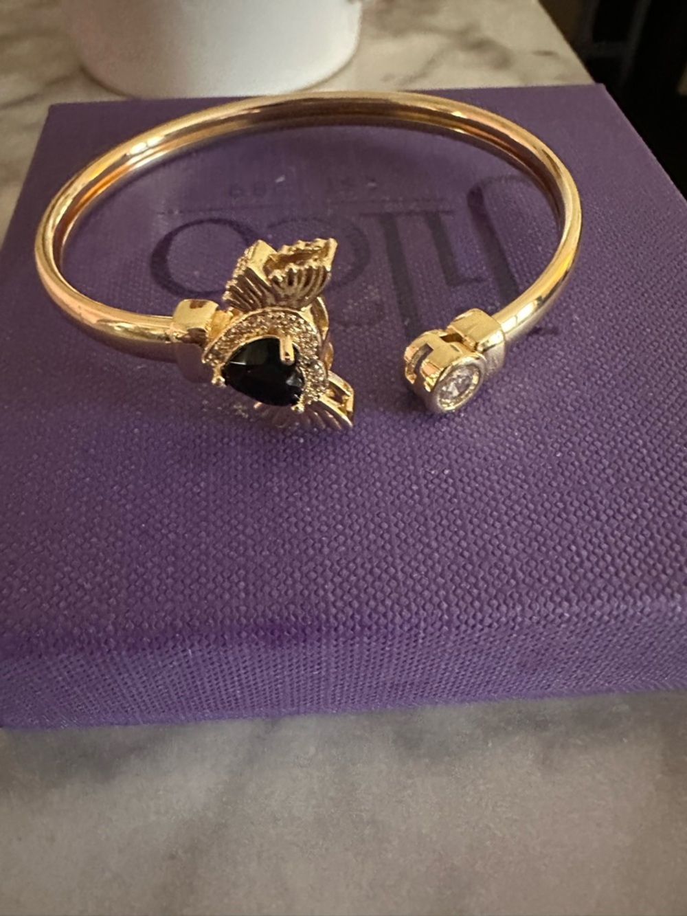 Gold Open Cuff Bracelet with Black Stone Accent - Women Jewelry - Picture 7 of 7